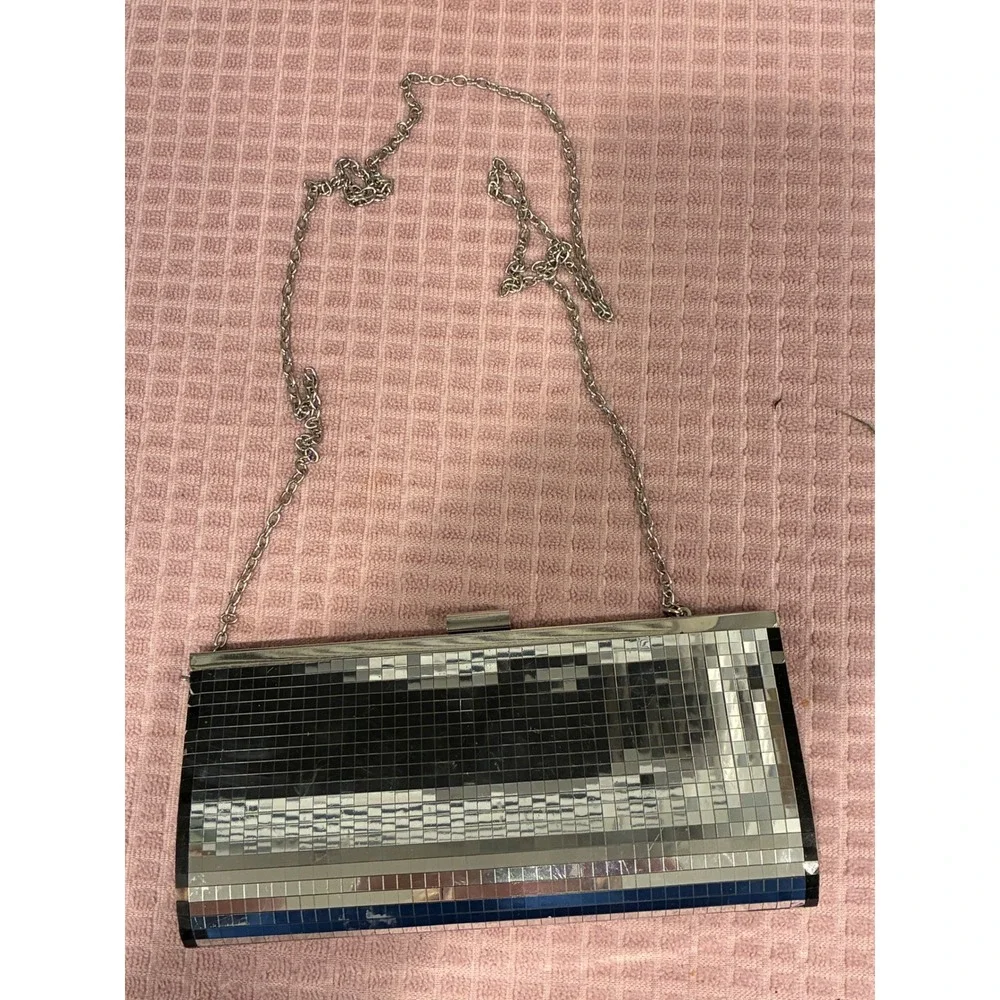 Silver Disco Ball Mirrored Mosaic Tile Clutch Bag Evening Purse Chain Strap